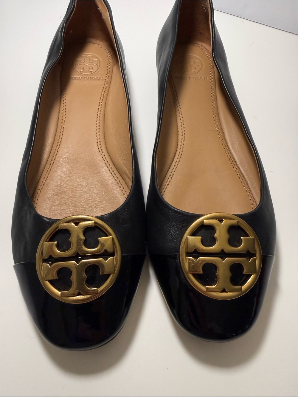 Designer Inspired Black Leather Cap Toe Ballet Flats Size 7M